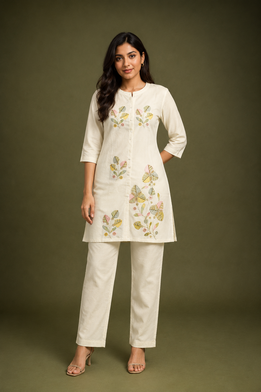 Ivory Floral Embroidered Kurta Pant Set