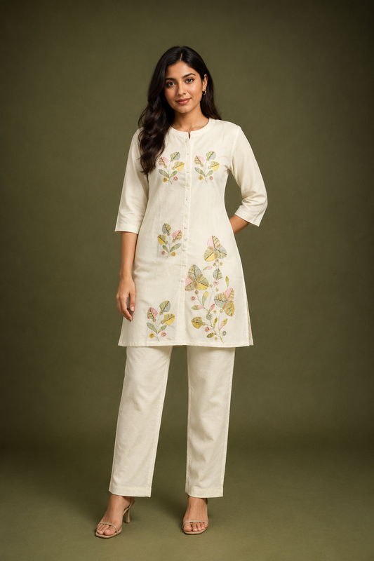 Ivory Floral Embroidered Kurta Pant Set