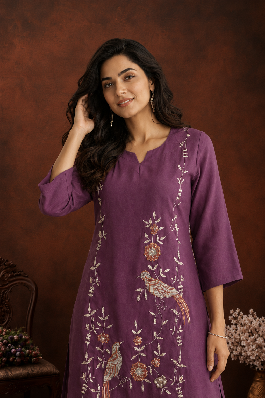 Purple Chanderi Embroidered  co-ord set