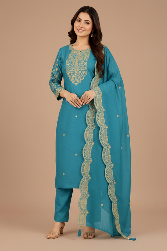Teal Blue Embroidered Kurta Pant & Dupatta Set for Women