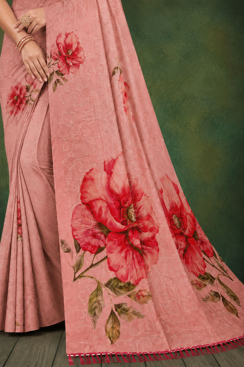 Light Pink Organza Embroidery Floral Saree