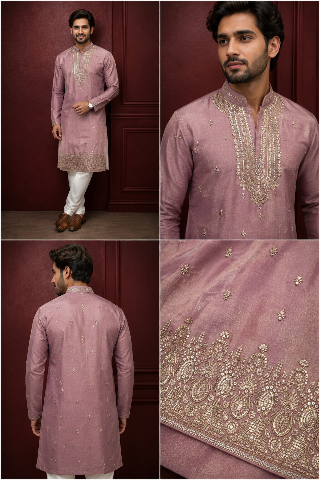 Elegant Rose Pink Embroidered Men’s Kurta Set