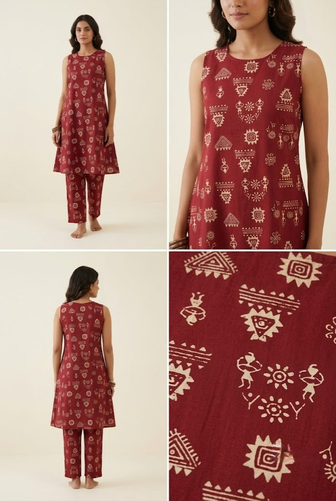 Maroon Tribal Warli Print Sleeveless A-Line Co-Ord set