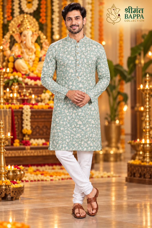 Men's Sea Green Botanical Print Long Sleeve Kurta
