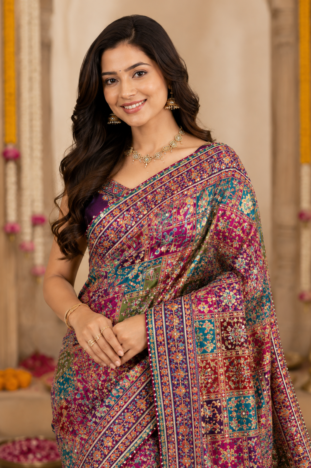 Royal Heritage Patchwork Embroidered Saree with Designer Blouse