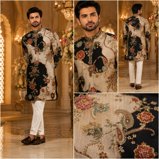 Black & Beige Floral Printed Designer Festive Kurta for Men