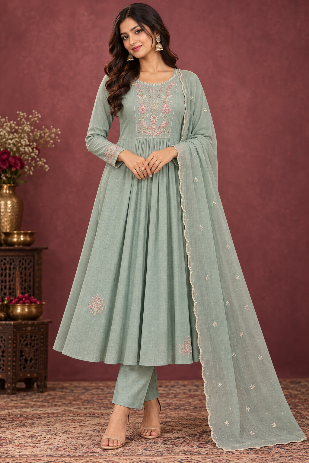 Sage Green Embroidered Anarkali Suit Set