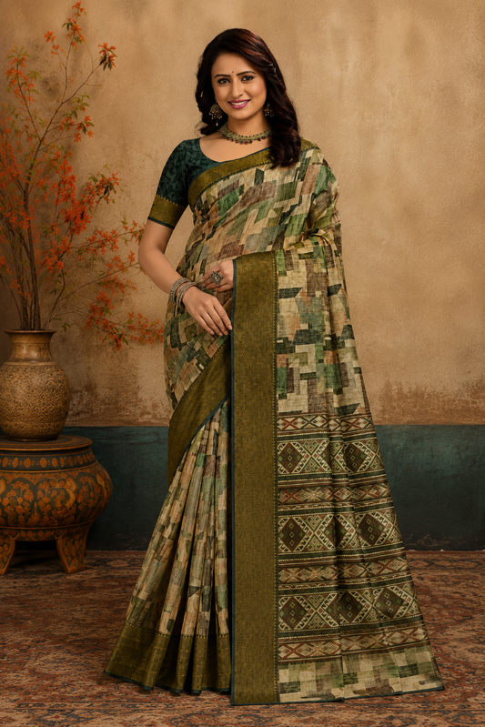 Elegant Olive Green & Beige Printed Blend Saree with Rich Golden Zari Borde