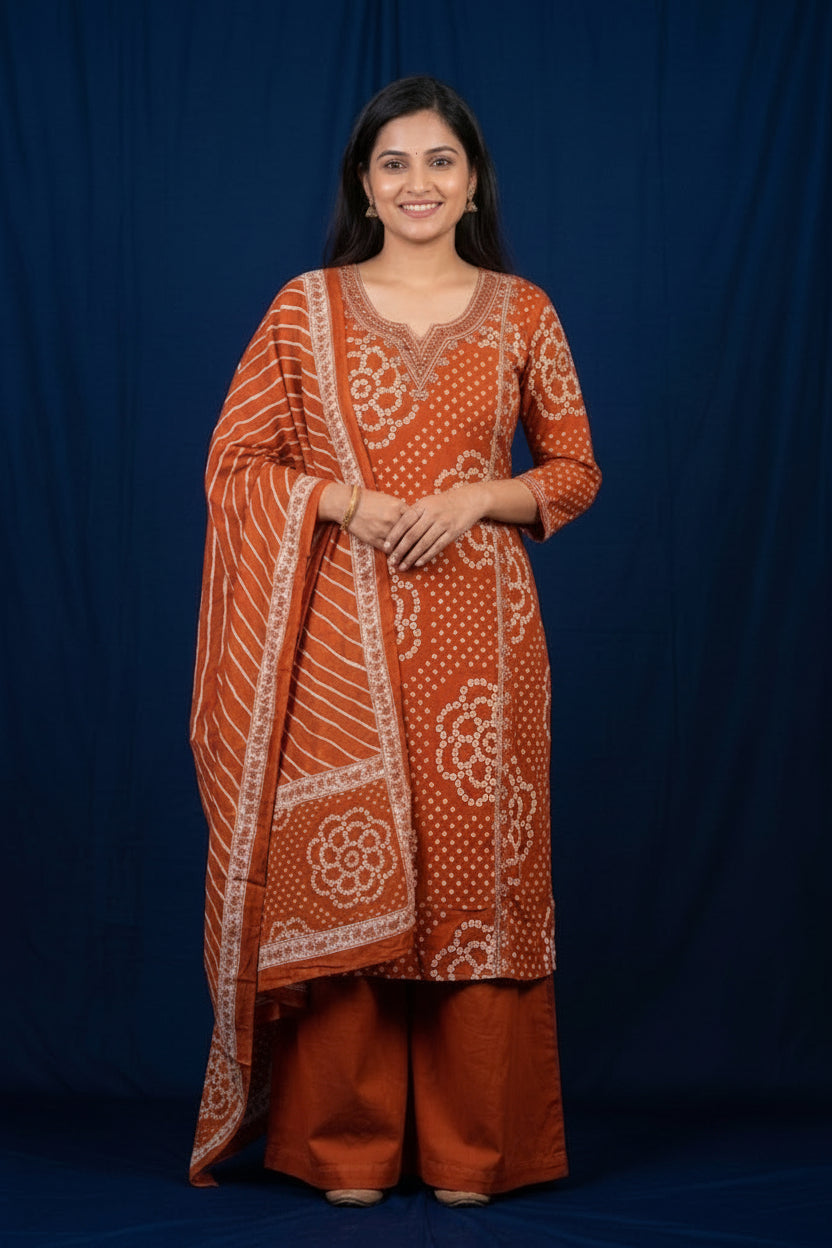 Rust Orange Printed Cotton Kurta Set with Matching Dupatta