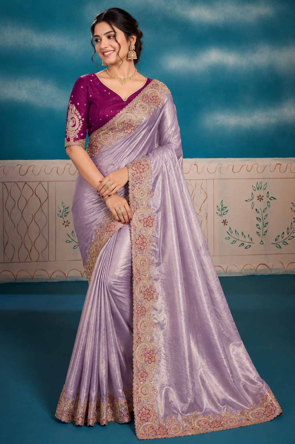 Lavender Designer Saree with Embroidered Floral Zari Border