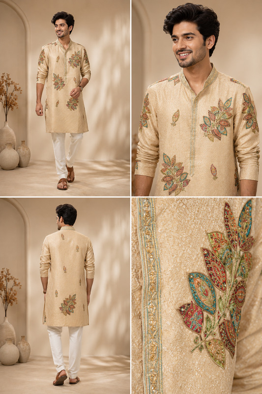 Beige Multicolour Floral Printed Men’s Festive Kurta
