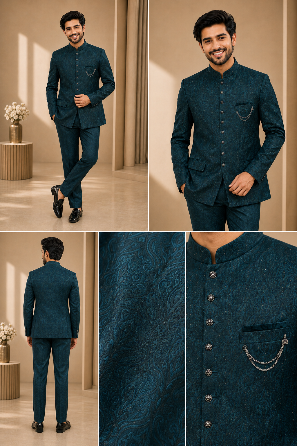 Men’s Teal Blue Jacquard Jodhpuri Suit