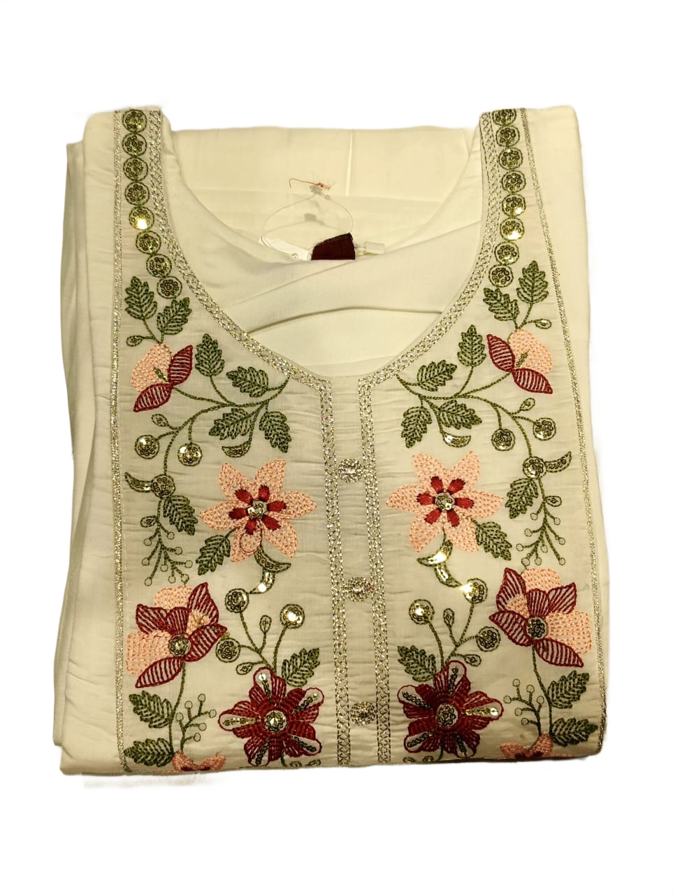 Elegant Ivory Floral Embroidered Kurta, Pant & Dupatta Set