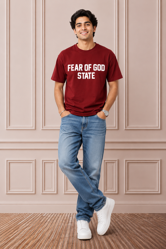 Fear of God State Oversized Printed T-Shirt | Maroon Premium Cotton Casual Tee