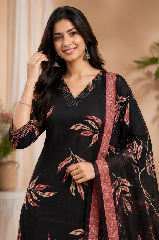 Black Leaf Print Kurta Pant with Printed Dupatta Set for Women