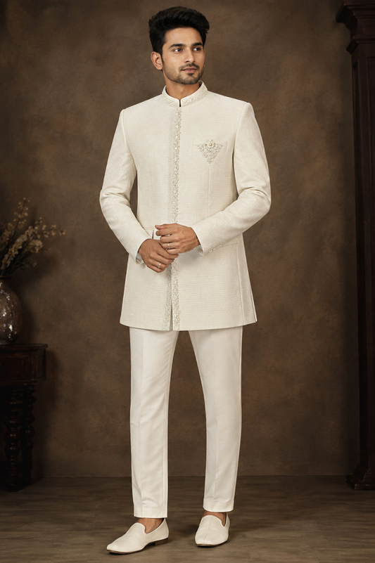 Ivory Textured Indo-Western Sherwani Set