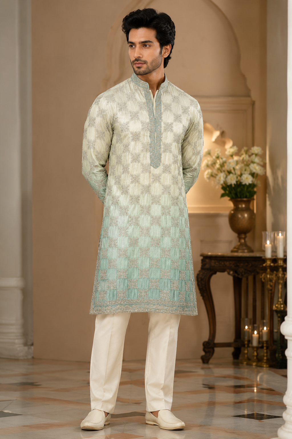 Pastel Mint Embroidered Festive Kurta Set