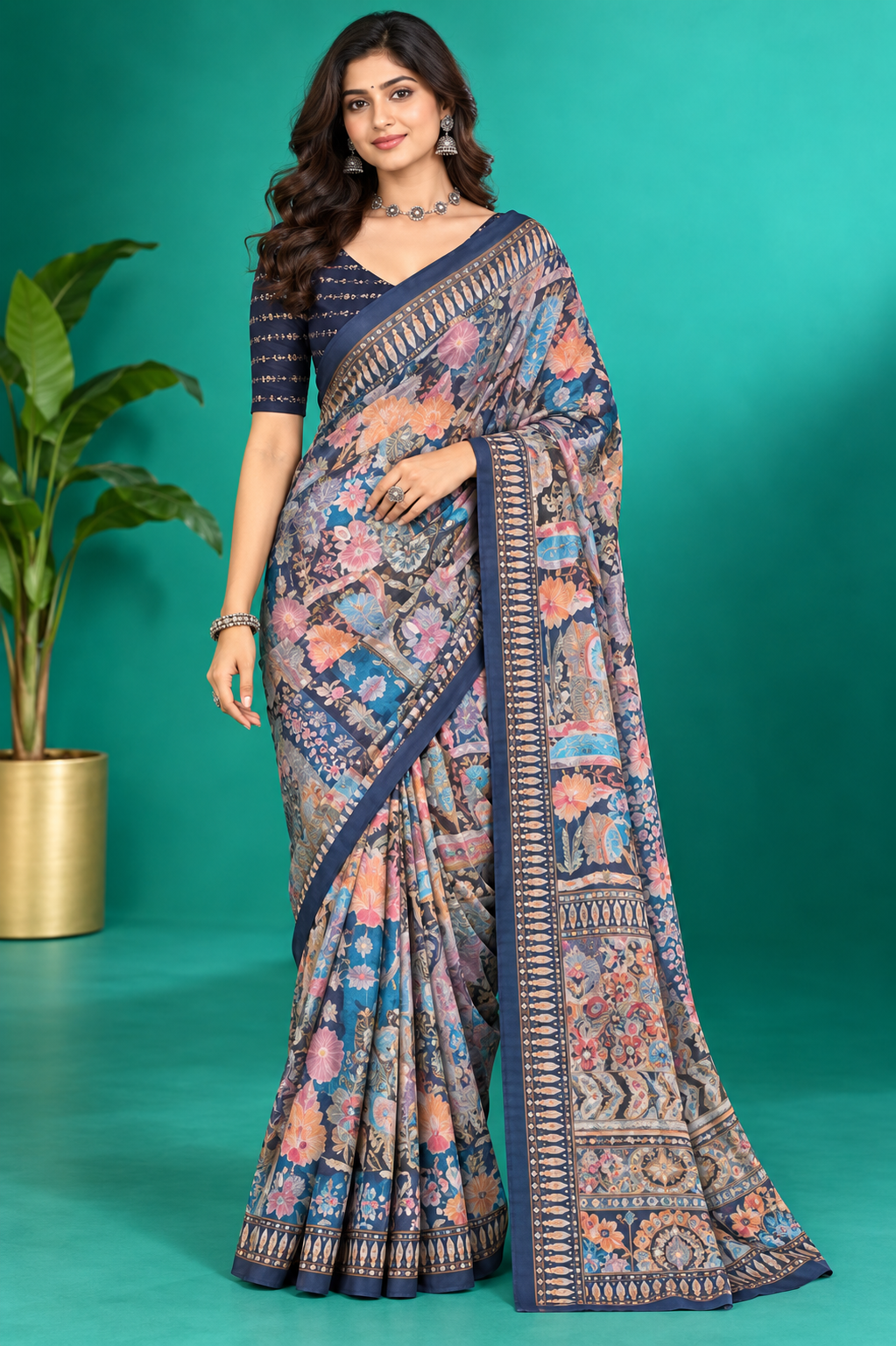 Elegant Navy Floral Printed Saree