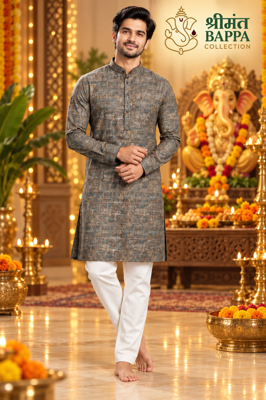 Men's Charcoal Geometric Print Long Sleeve Kurta