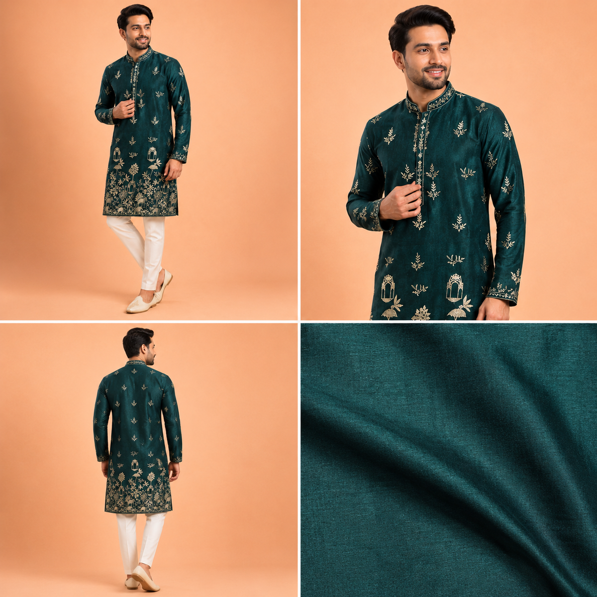 Dark Emerald Green Embroidered  Kurta for Men