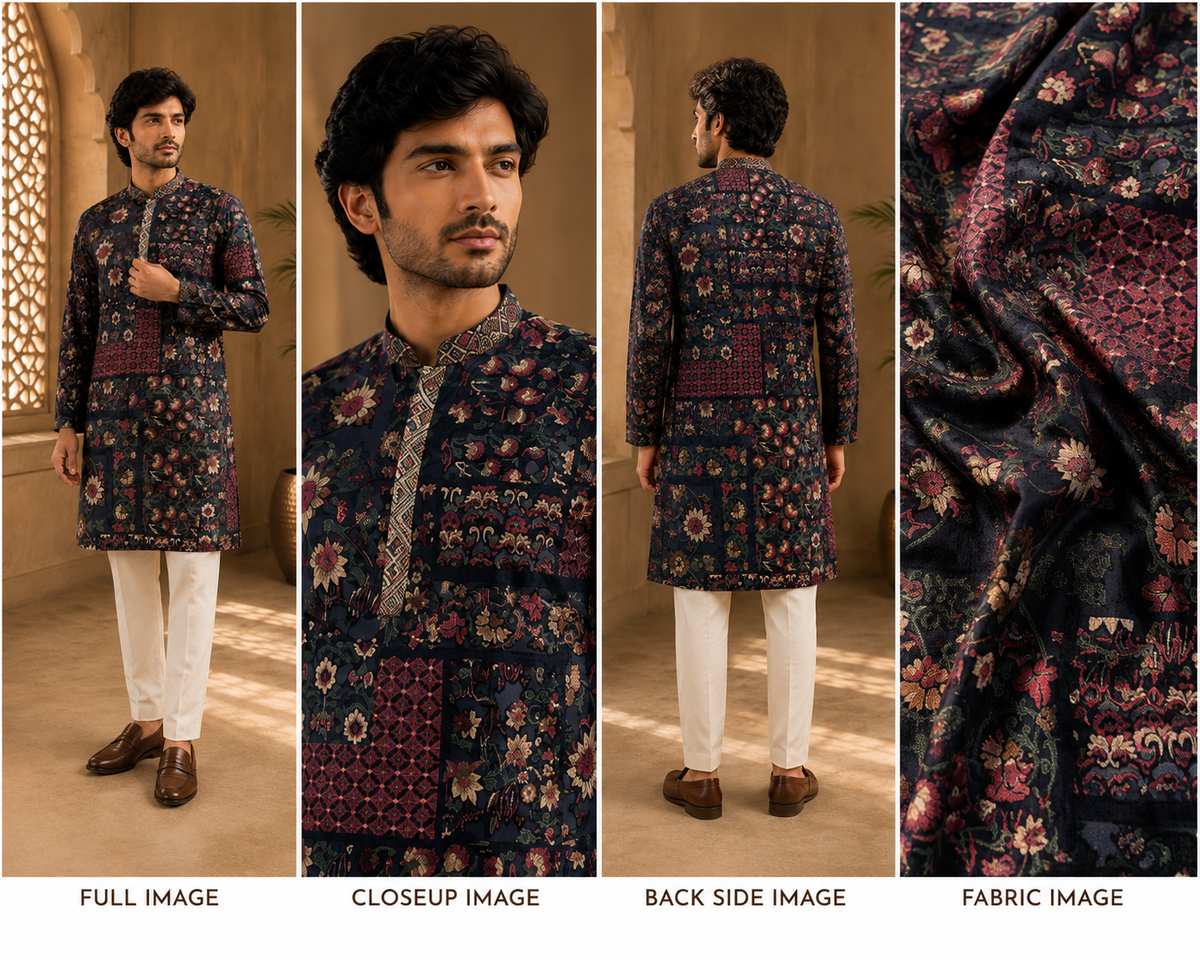 Midnight Navy Patchwork Floral Printed Kurta for Men