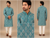 Teal Leaf Print Kurta with White Pajama
