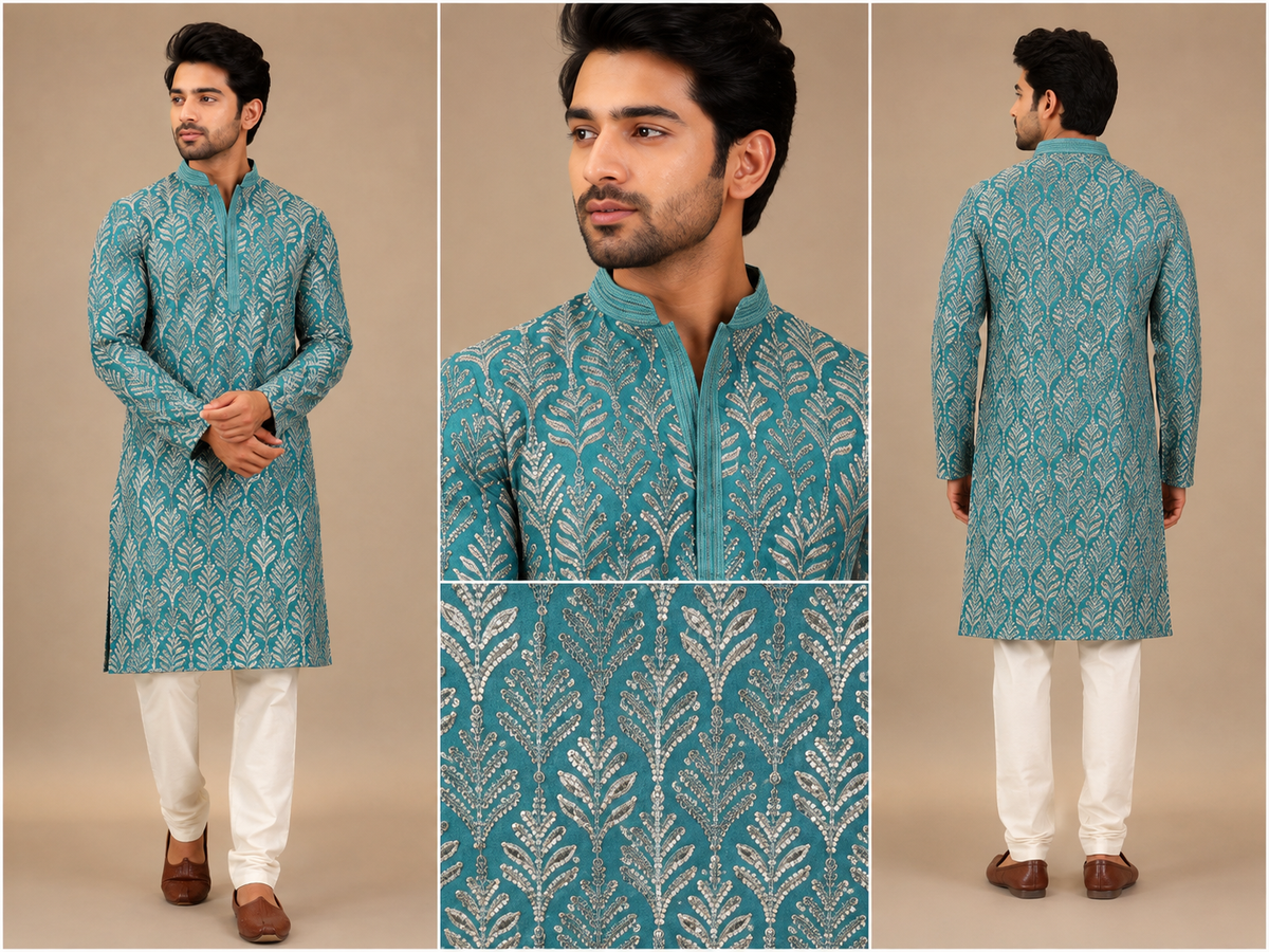 Teal Leaf Print Kurta with White Pajama
