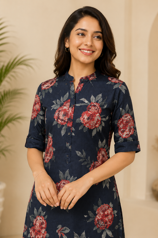 Navy Blue Floral Long Kurti