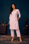 Women's Blush Pink Embroidered Cotton Blend Co-Ord Set | 3/4 Sleeve Kurta & Straight Pant