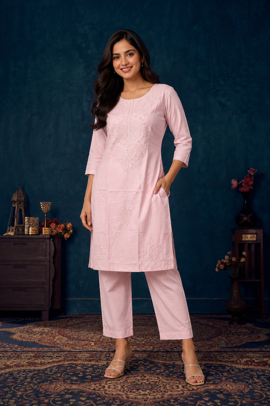 Women's Blush Pink Embroidered Cotton Blend Co-Ord Set | 3/4 Sleeve Kurta & Straight Pant