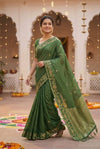 Green Checked Silk Saree with Floral Zari Border
