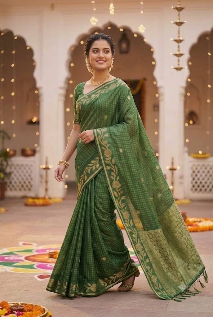 Green Checked Silk Saree with Floral Zari Border