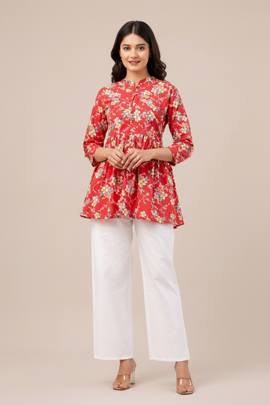 Women’s Lavender Floral Printed Peplum Kurti with Taupe Palazzo