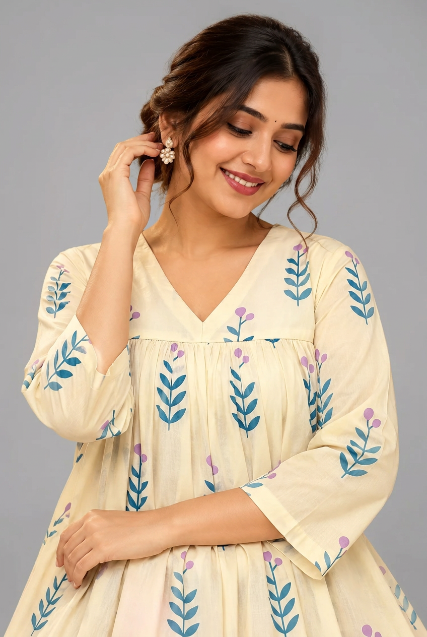 Elegant Cream Floral Printed Kurta & Palazzo Set for Women