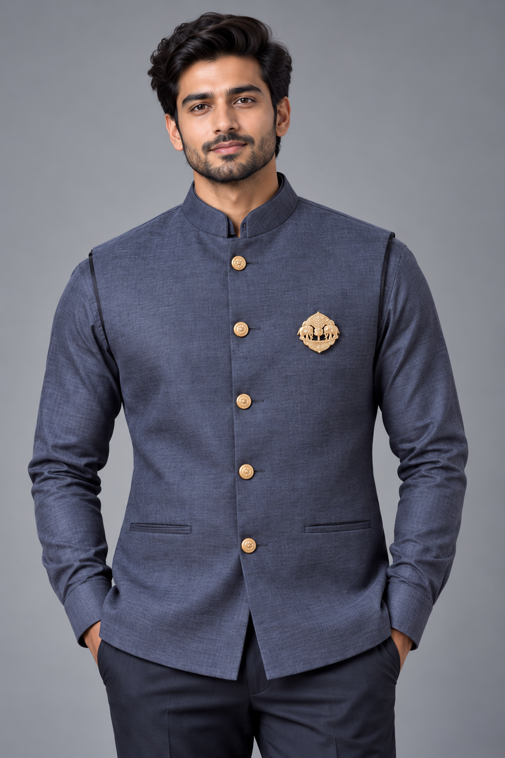 Men's Premium Slate Blue Nehru Jacket with Shirt Set