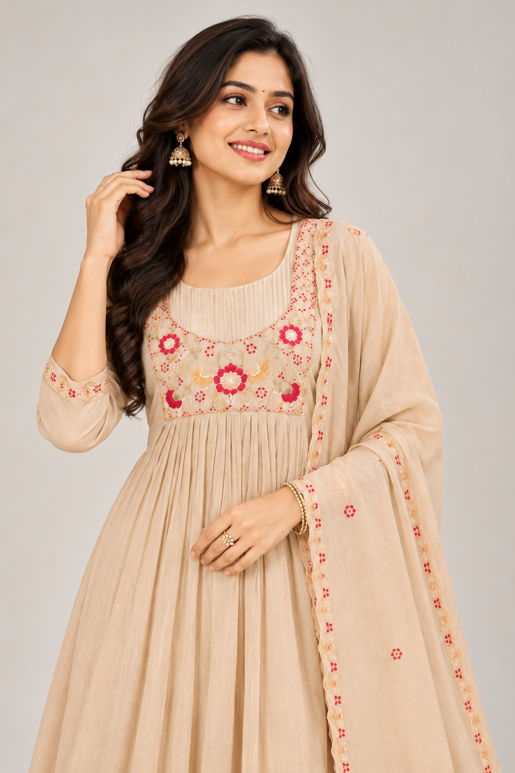 Elegant Beige Floral Embroidered Anarkali Kurti Pant Set with Dupatta