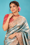 Elegant Aqua Blue & Gold Designer Saree with Floral Embroidered Border & Rich Pallu
