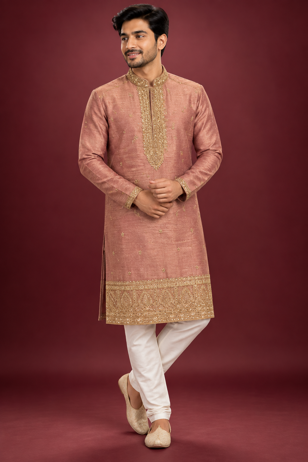 Rose Gold Embroidered Festive Kurta Set