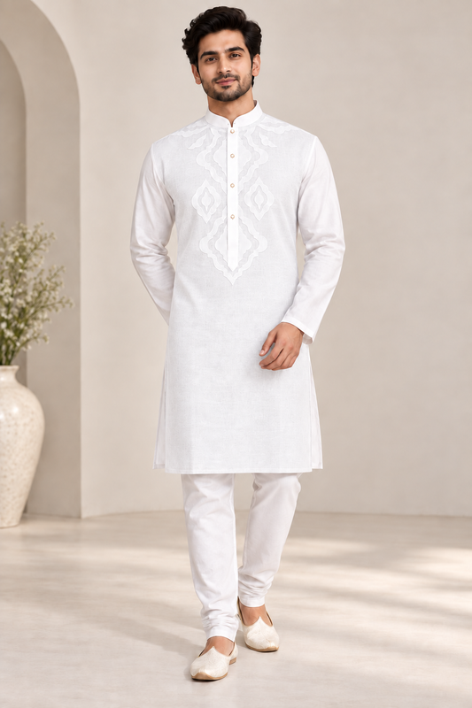 Premium White Embroidered Kurta Pajama Set