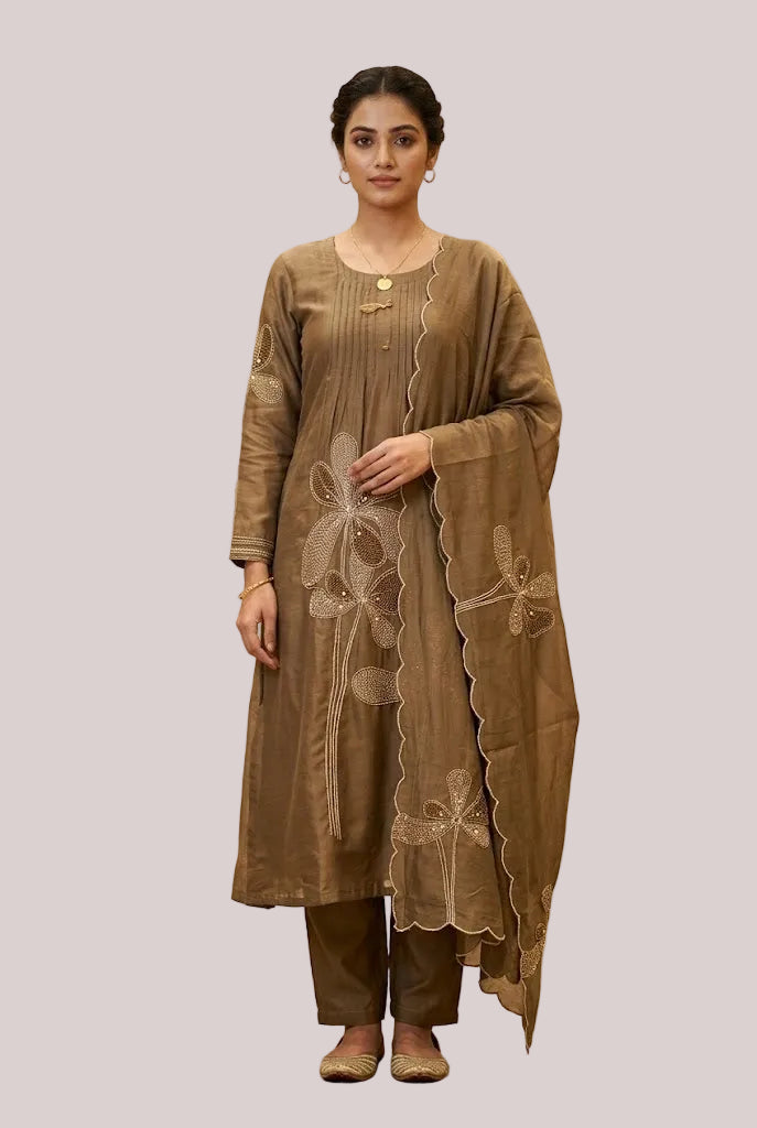 Elegant Brown Embroidered Kurta Pant Dupatta Set