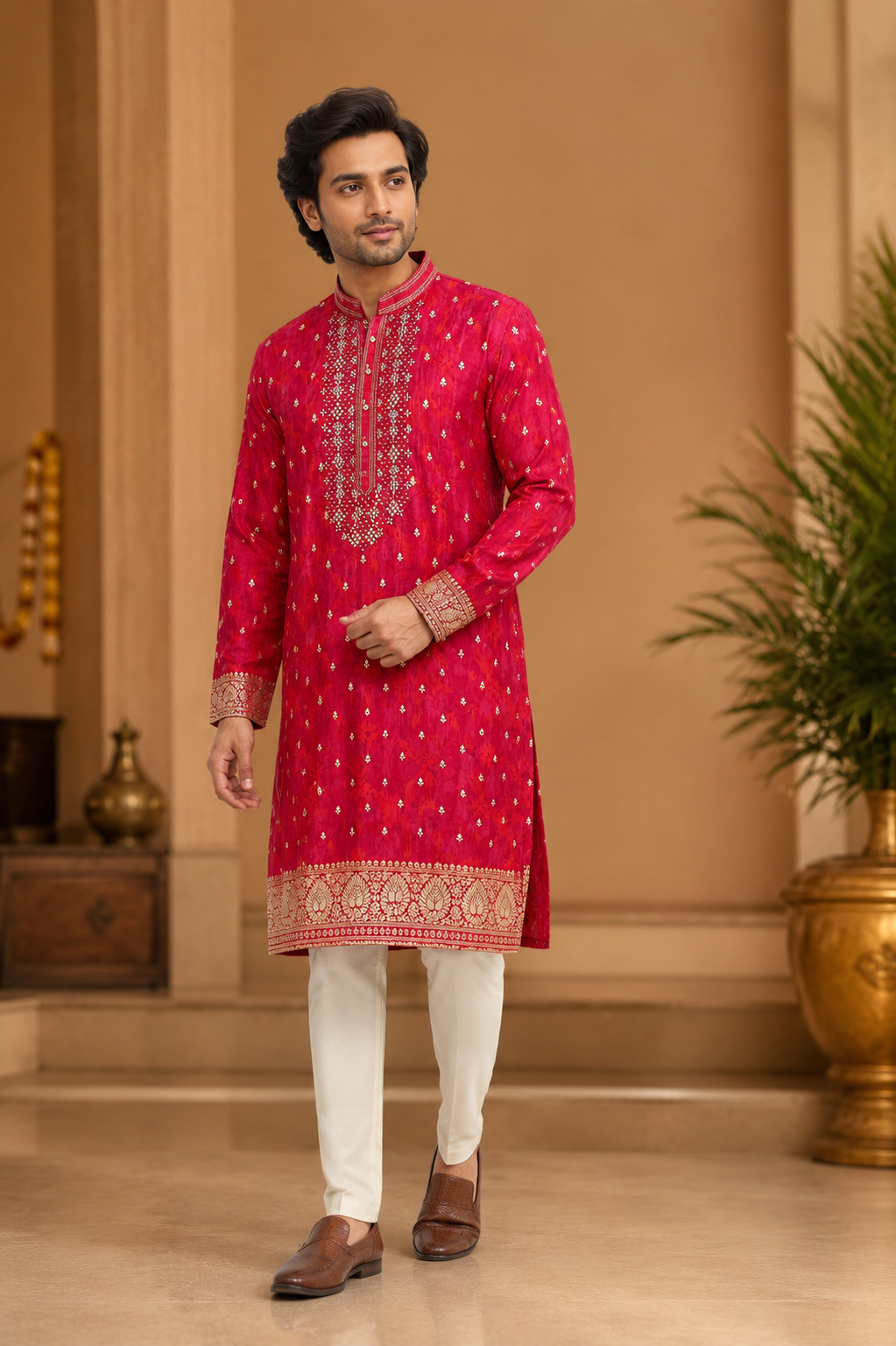 Royal Rani Pink Embroidered Festive Kurta for Men