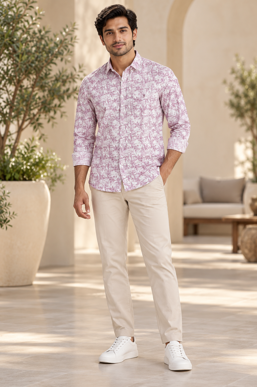 Soft Pink Floral Print Casual Shirt for Men