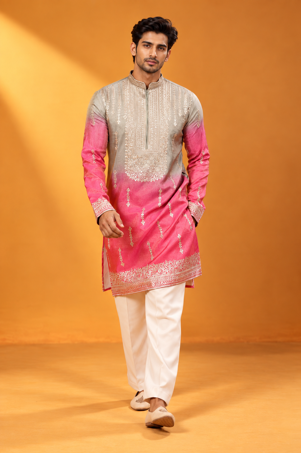 Pink & Silver Ombre Embroidered Kurta Set