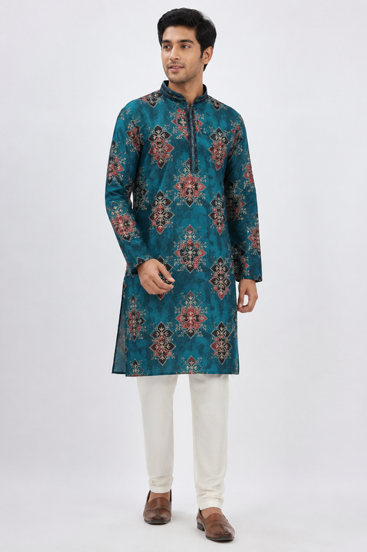 Teal Blue Multicolor Printed Festive Kurta