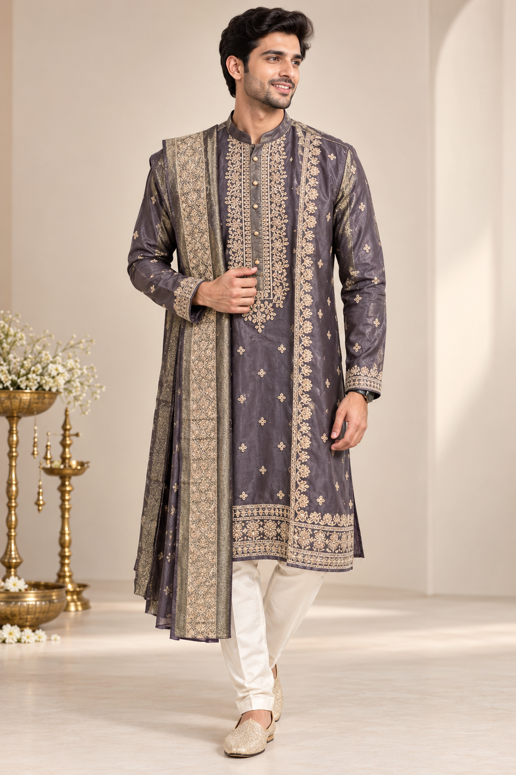 Men’s Charcoal Grey Embroidered Kurta with Dupatta Set