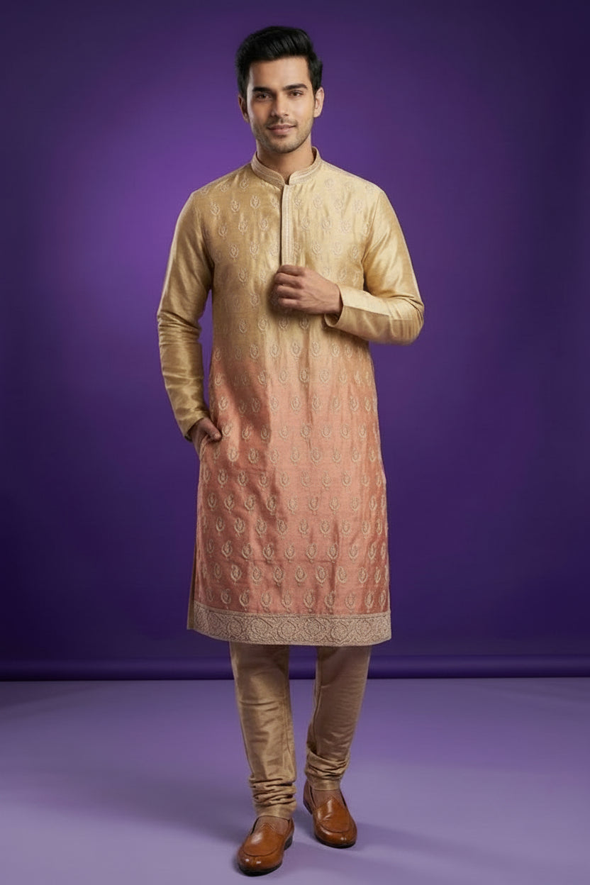 Men’s Gold & Peach Ombre Embroidered Kurta
