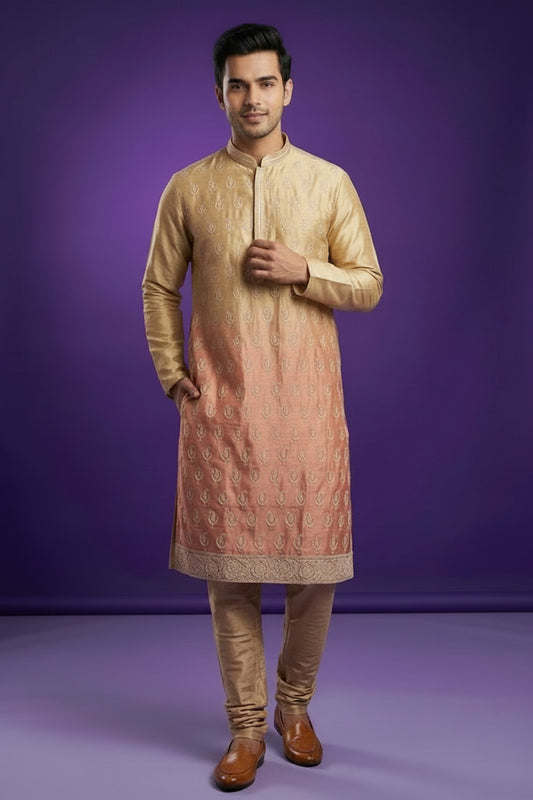 Men’s Gold & Peach Ombre Embroidered Kurta