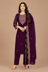Plum Purple Embroidered Kurta Pant & Dupatta Set for Women