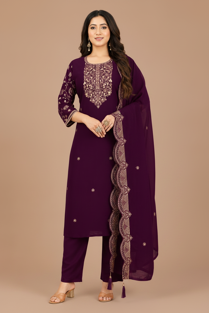 Plum Purple Embroidered Kurta Pant & Dupatta Set for Women