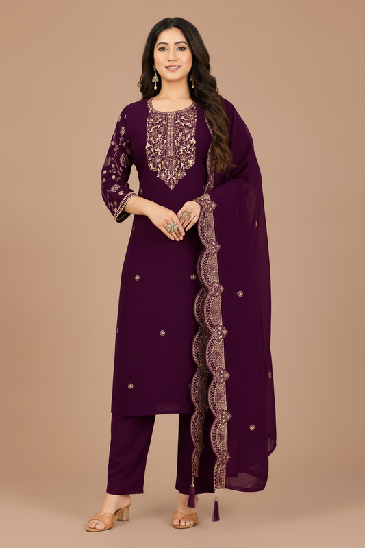 Plum Purple Embroidered Kurta Pant & Dupatta Set for Women